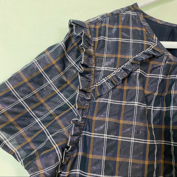 Loft plaid shimmer ruffle trim blouse size XL - Picture 6 of 16